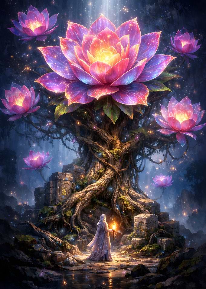 Mystical Tree with Glowing Lotuses
