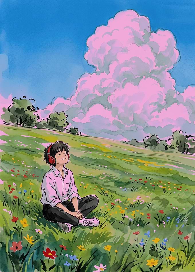 Anime Boy Listening to Music in a Field