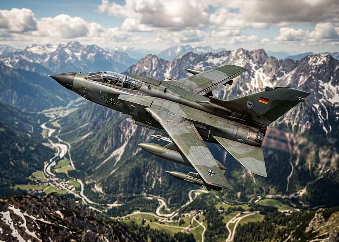 German Tornado Jet Flying Over Mountains