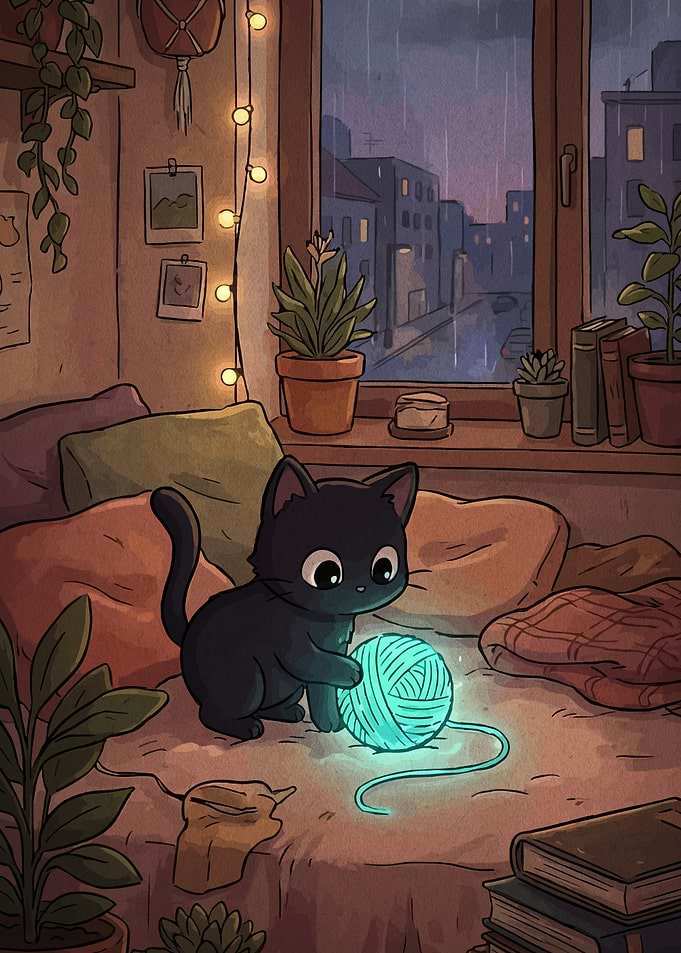 Black Cat Playing with Glowing Yarn