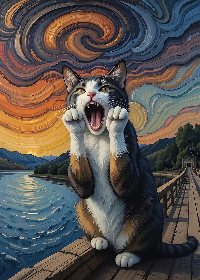 Cat Yawning on a Bridge
