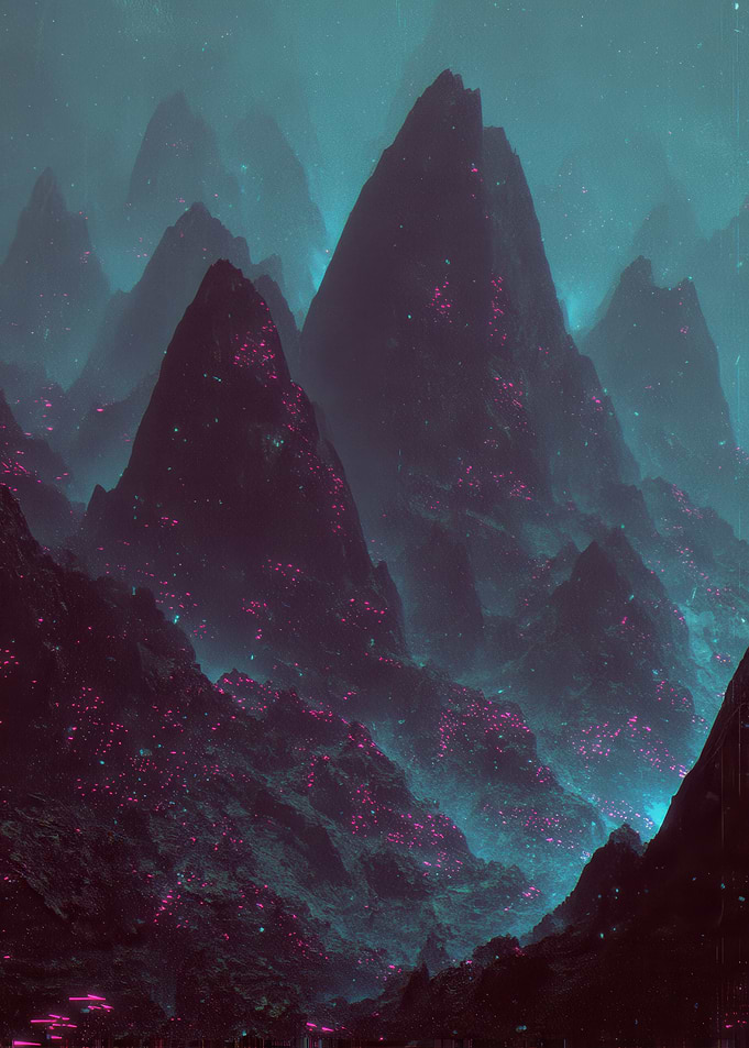 Mystical Mountain Landscape with Glowing Flora