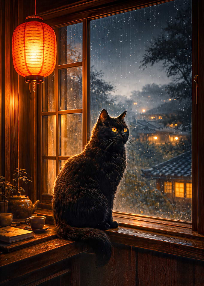 Black Cat in a Japanese Window