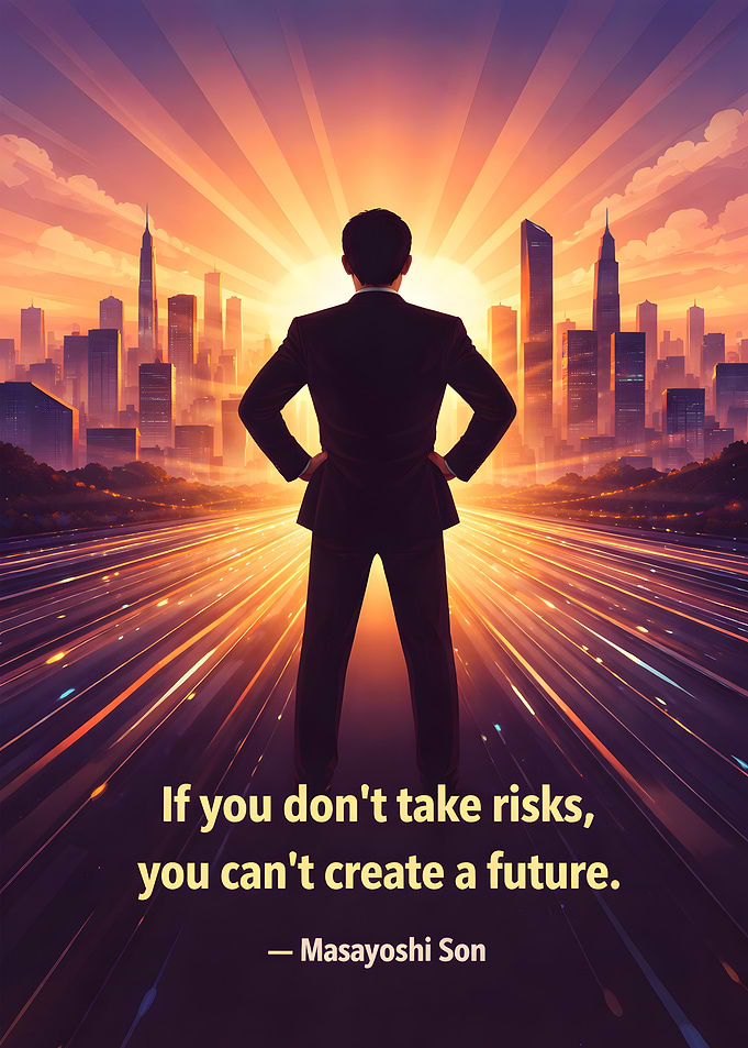 Businessman facing a futuristic cityscape at sunrise