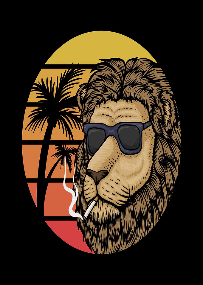 Cool Lion Smoking with Palm Trees