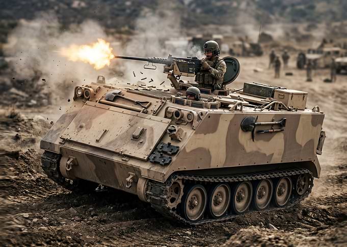Military vehicle firing weapon