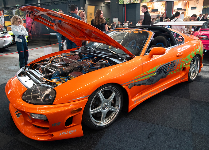 Orange Toyota Supra with Open Hood