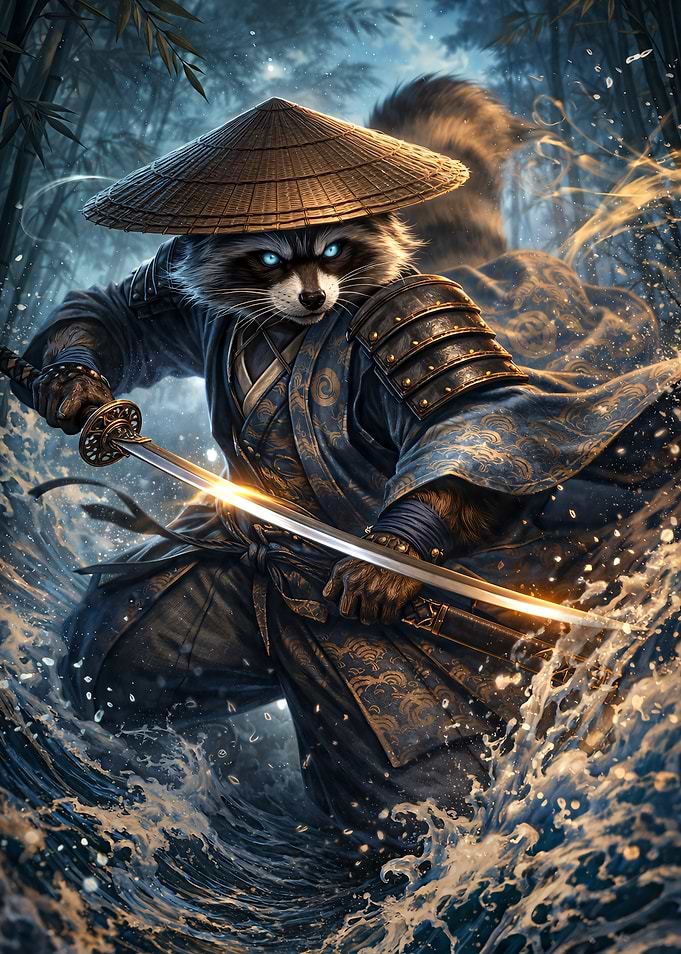 Raccoon Samurai in Water
