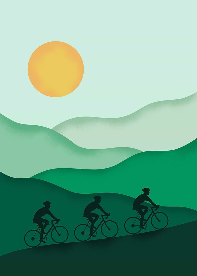 Cyclists on a Hillside at Sunset