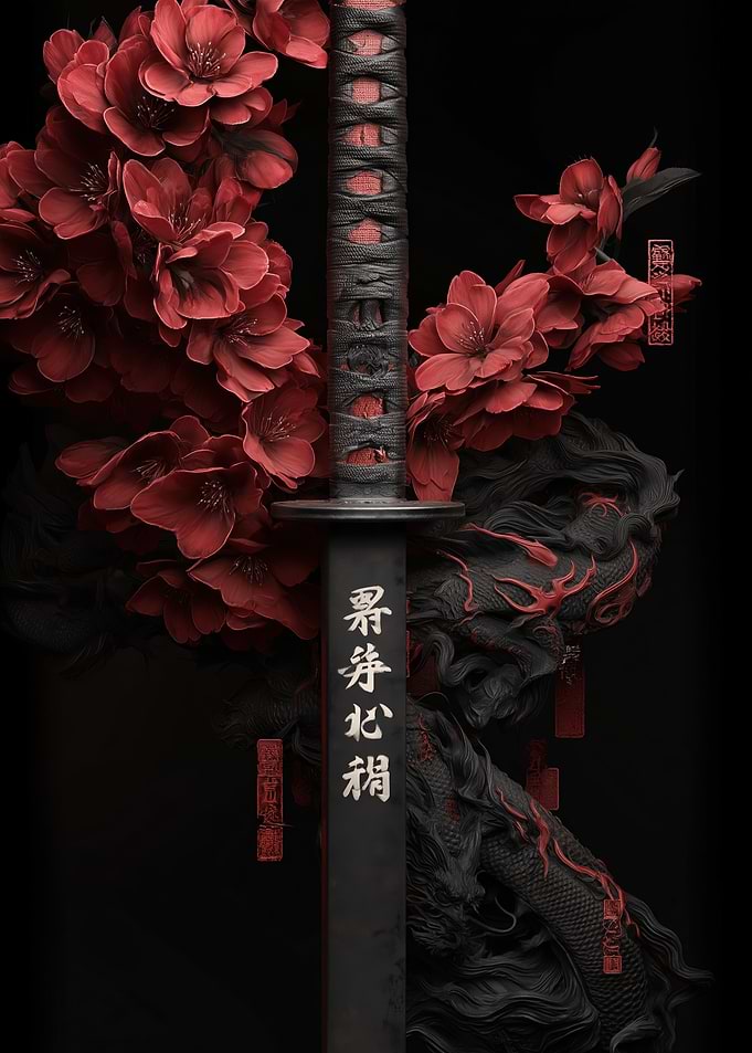 Samurai Sword with Cherry Blossoms and Dragon