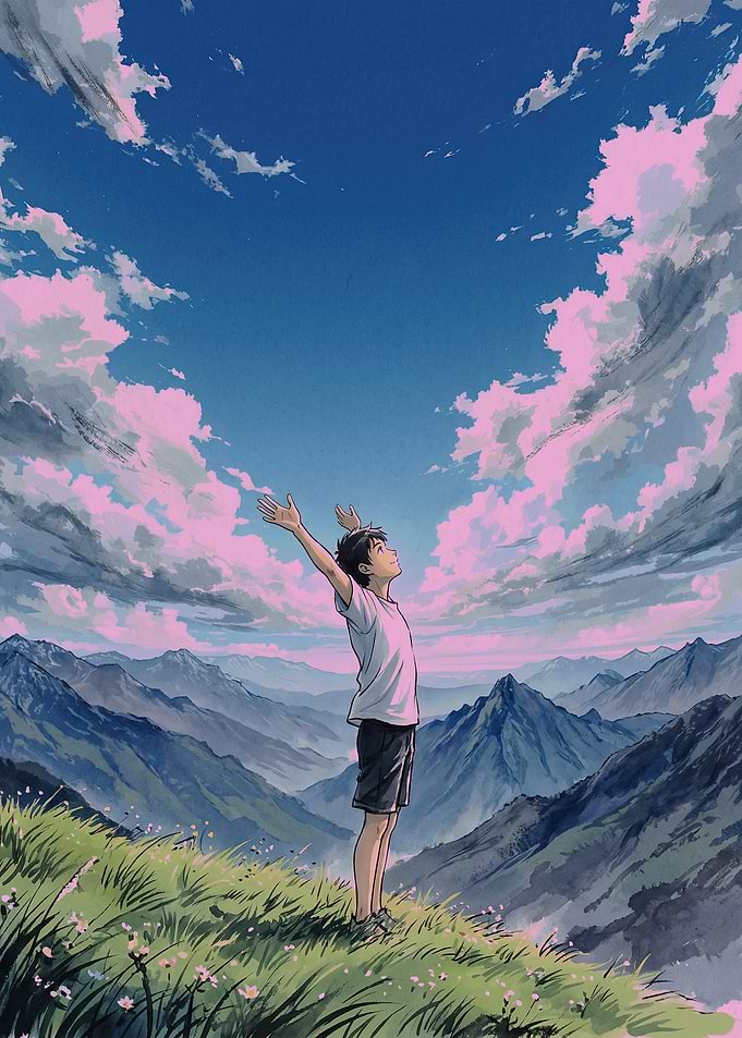 Boy with arms raised in mountains