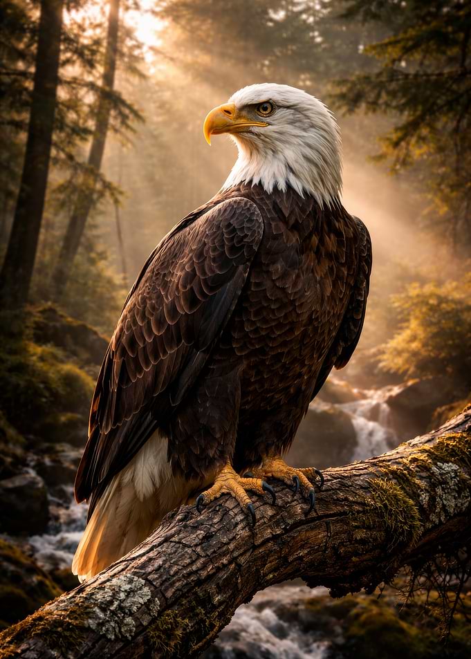 Majestic Bald Eagle in Forest Stream