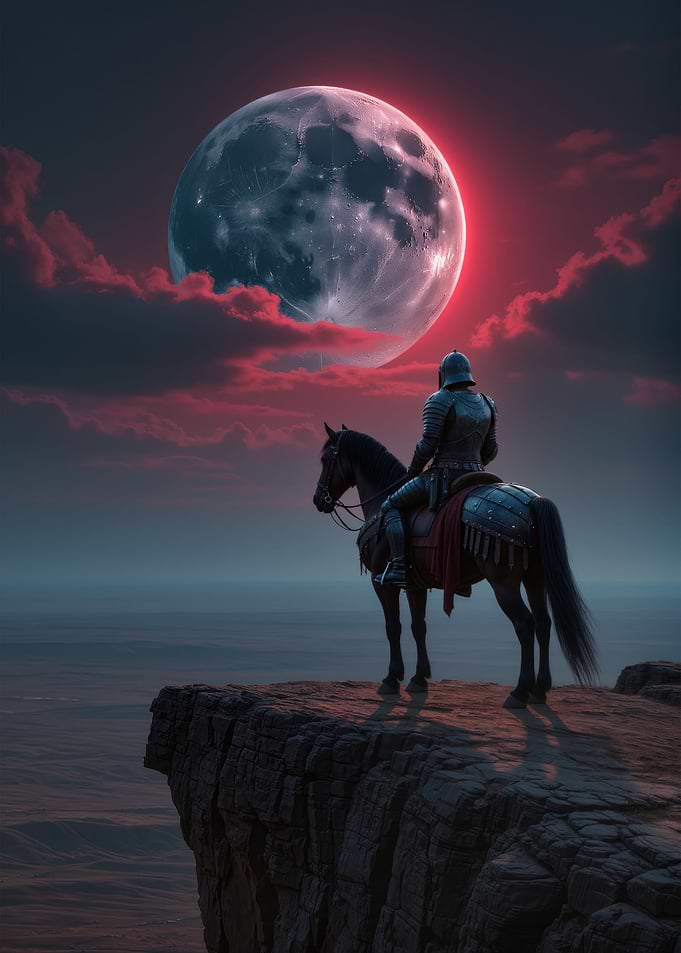 Knight on Horse Under Red Moon