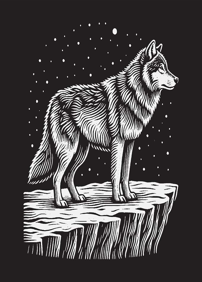 Wolf on a Cliff Under Stars