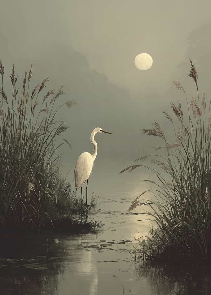 Egret by the Moonlit Water