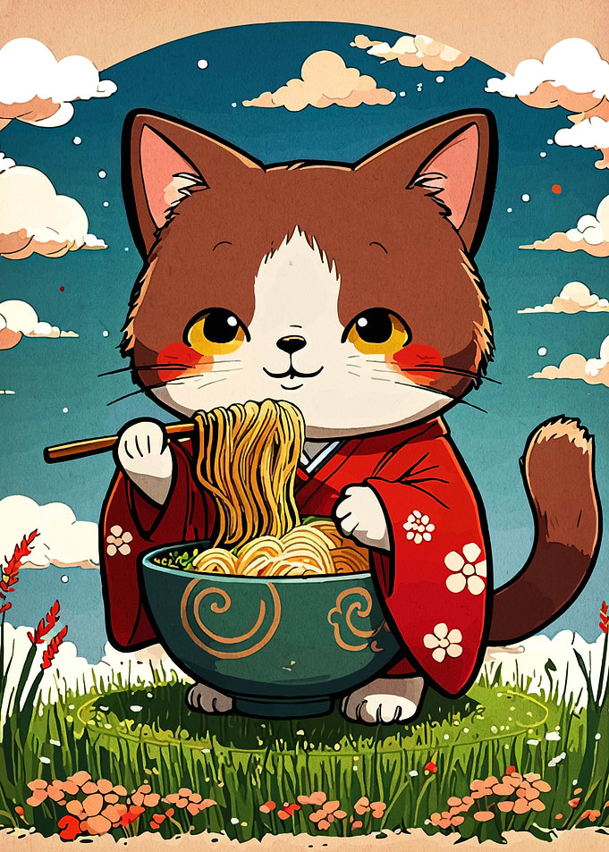 Cute Cat Eating Ramen