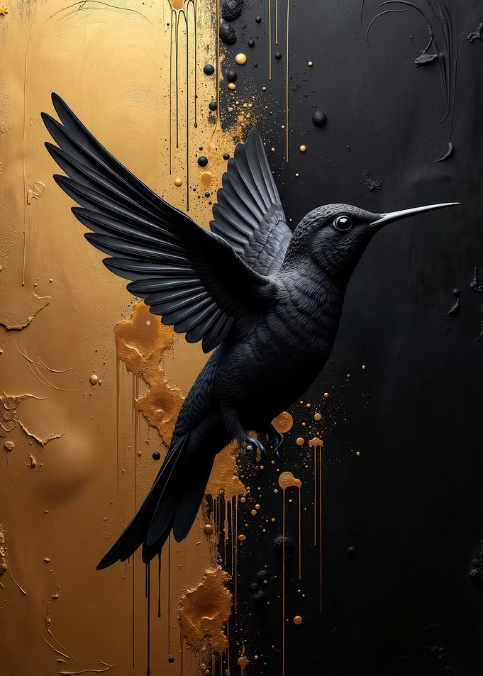 Black Hummingbird on Gold and Black Background