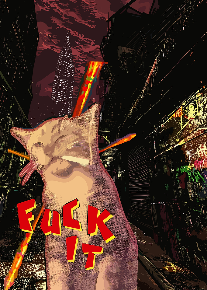 Cat with 'FUCK IT' text in alley
