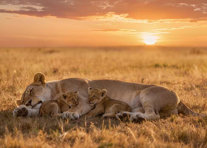 Lioness and cubs at sunset