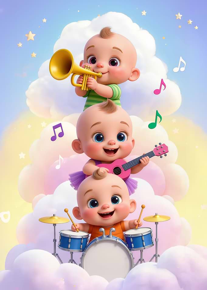 Cute babies playing music on clouds