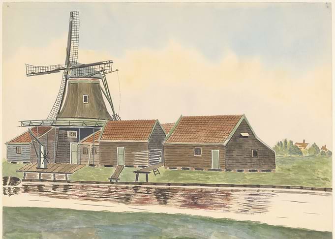 Dutch Windmill and Canal Scene