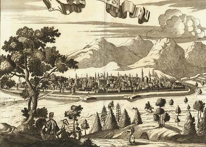 Ancient Cityscape with Mountains and Figures