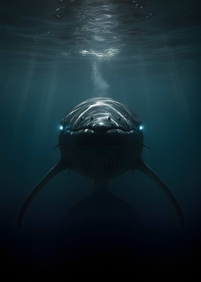 Whale surfacing with glowing eyes