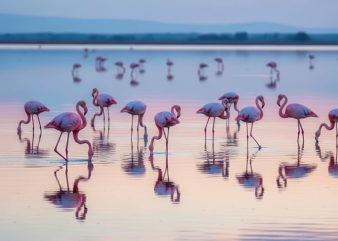 Flamingos in a serene lake at dusk