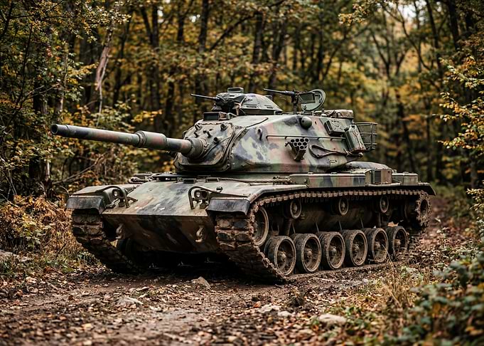 Camouflaged Tank in Autumn Forest