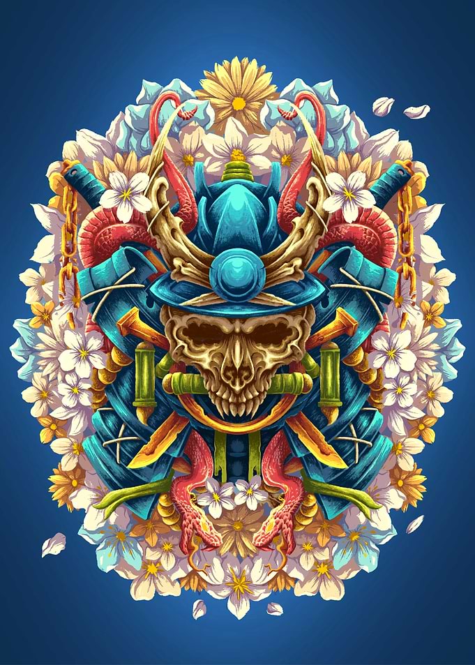 Undead ronin Samurai Skull Floral Mandala