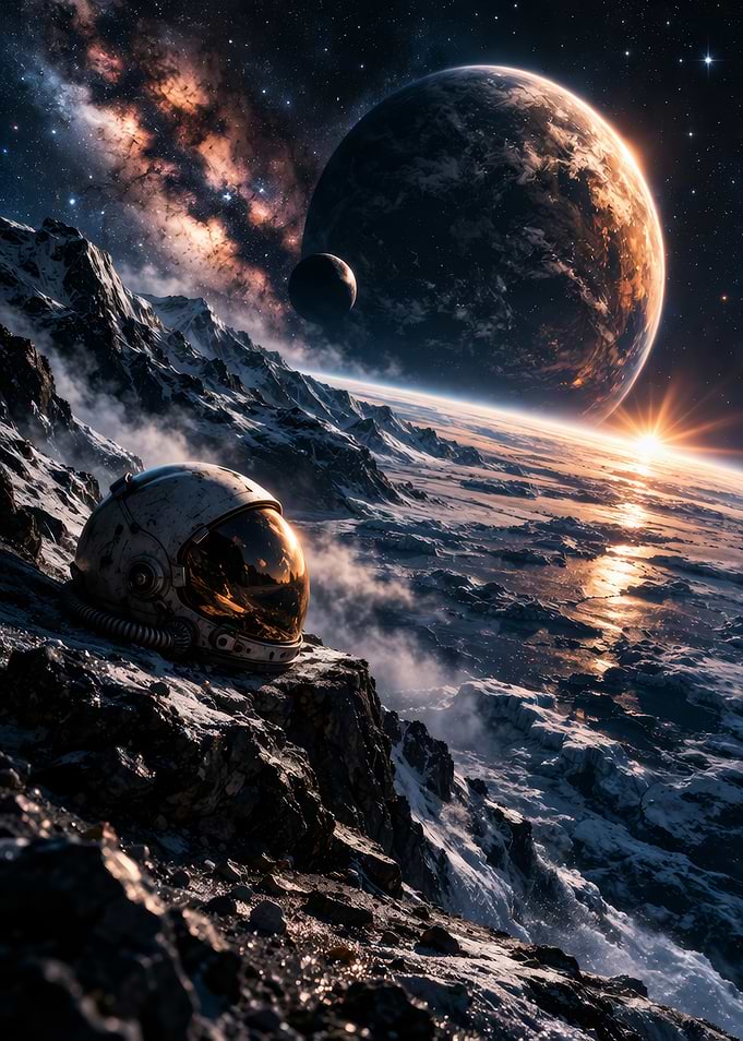 Astronaut Helmet on Snowy Alien Planet