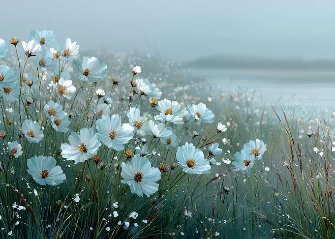 Misty Field of White Cosmos Flowers