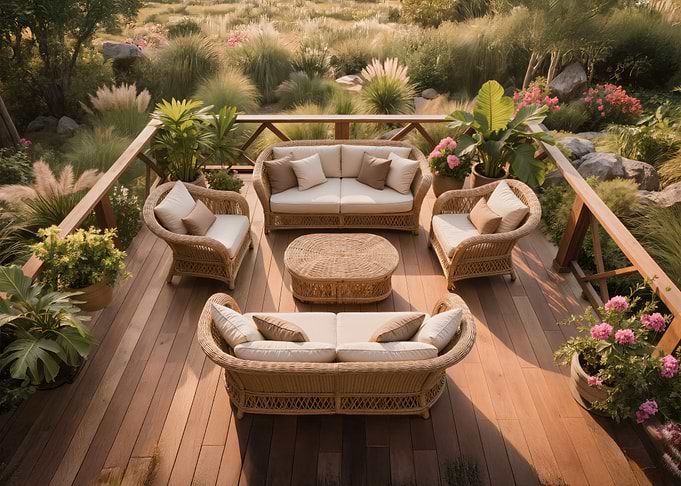 Wicker patio furniture set in garden