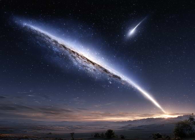 Galaxy and Comet Over Landscape