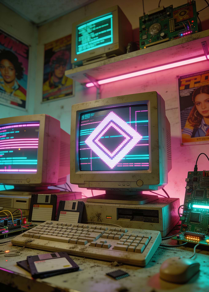 Retro Computer Setup with Neon Glow