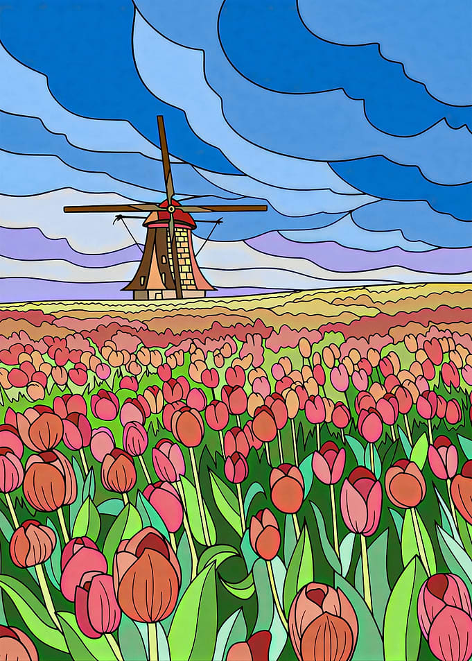 Tulip Field with Windmill