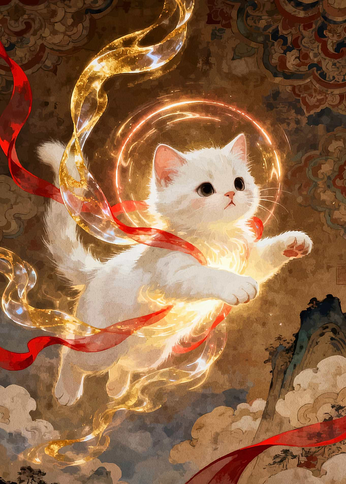 Divine White Kitten with Golden Aura