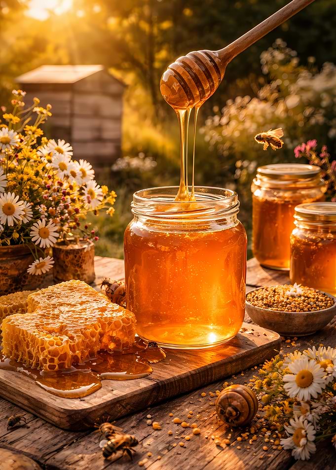 Golden Honey Pouring into Jar with Bees