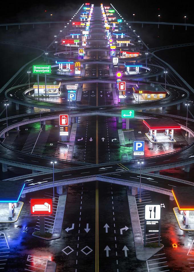 Neon Highway Interchange at Night