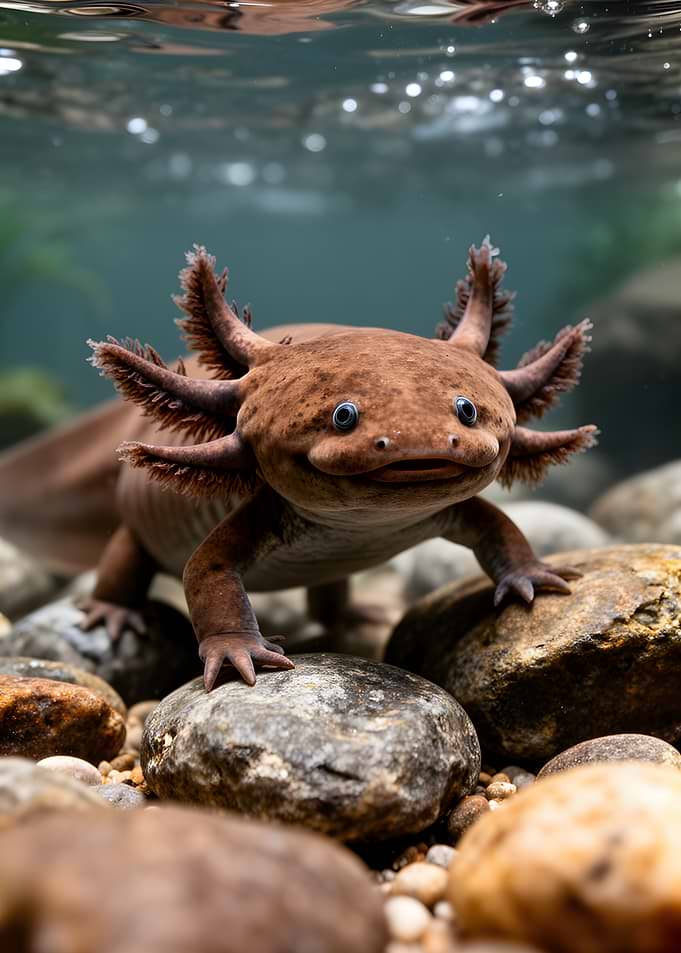 Axolotl in rocky underwater environment