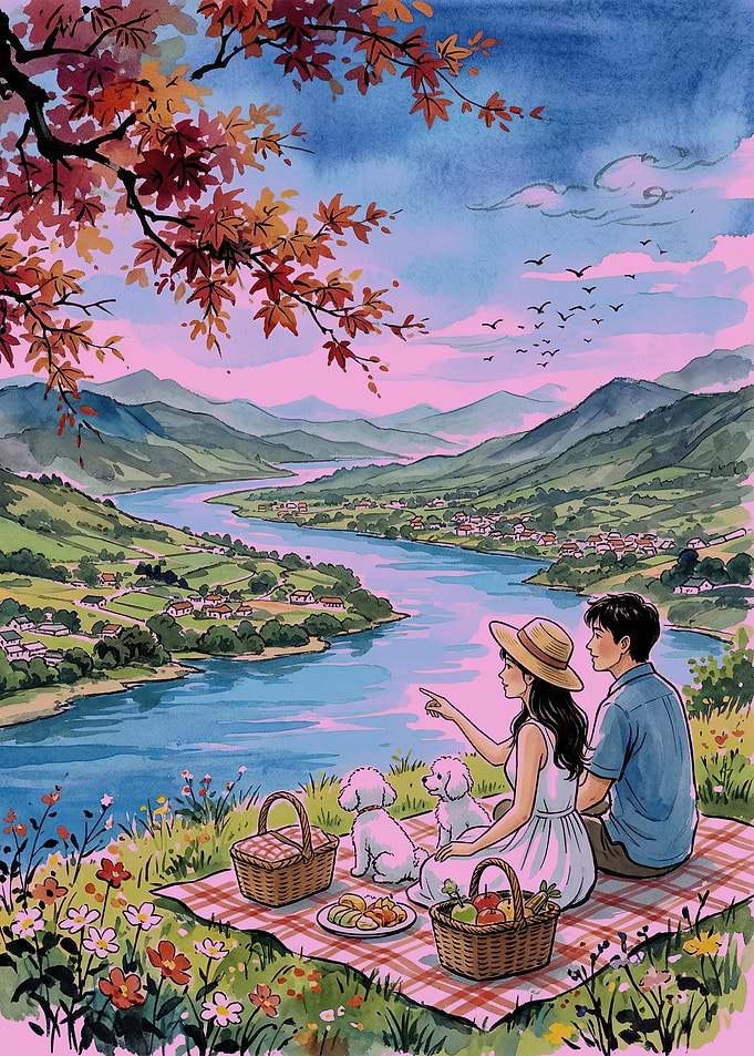 Couple's Autumn Picnic by the River