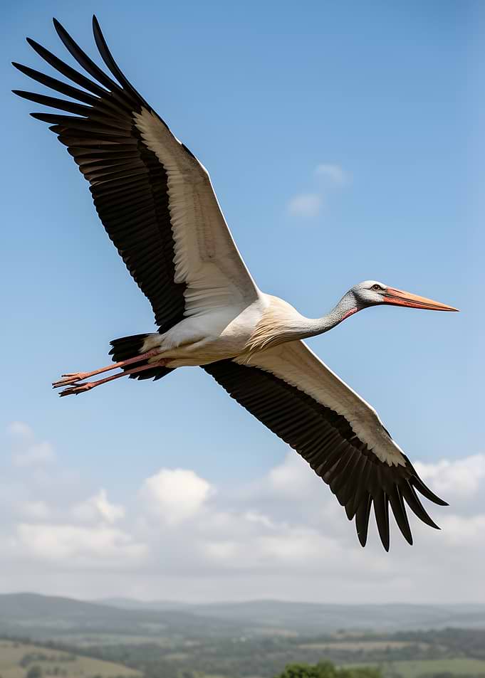 Stork in flight over rolling hills