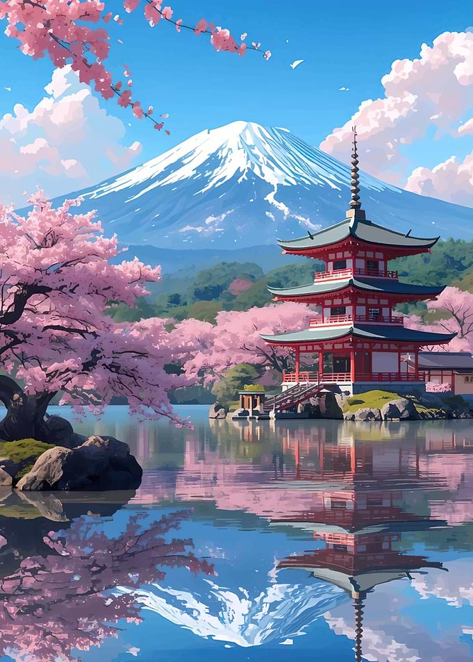 Mount Fuji and Pagoda with Cherry Blossoms