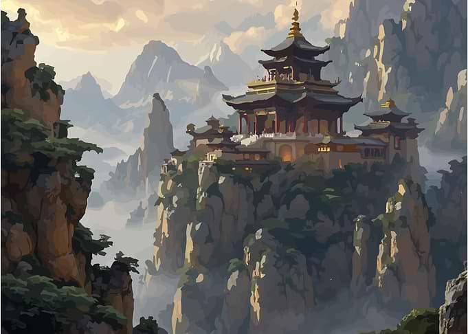 Ancient Asian Temple on Mountain Peak