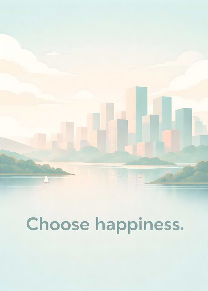 Cityscape with water and text