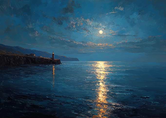 Moonlit Lighthouse Over the Sea
