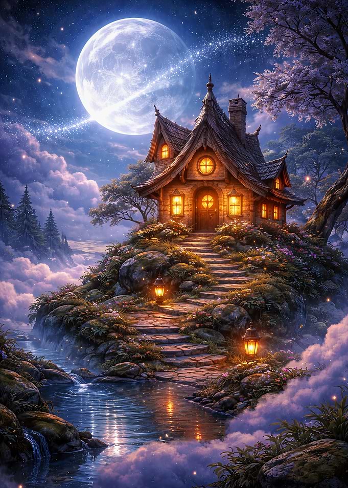 Enchanted Cottage Under a Full Moon