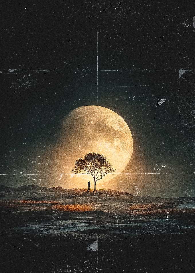 Lone Figure Under a Giant Moon