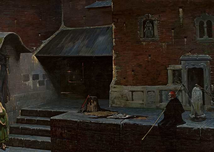 Grim Reaper and Woman in Courtyard