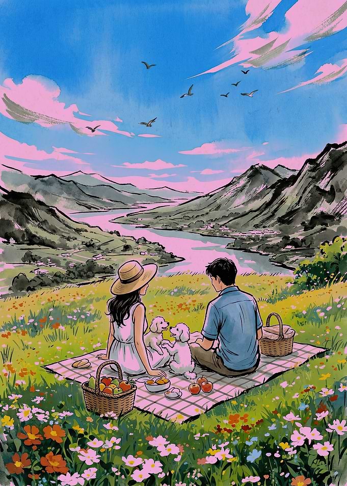 Couple's Picnic with Dogs in a Scenic Landscape